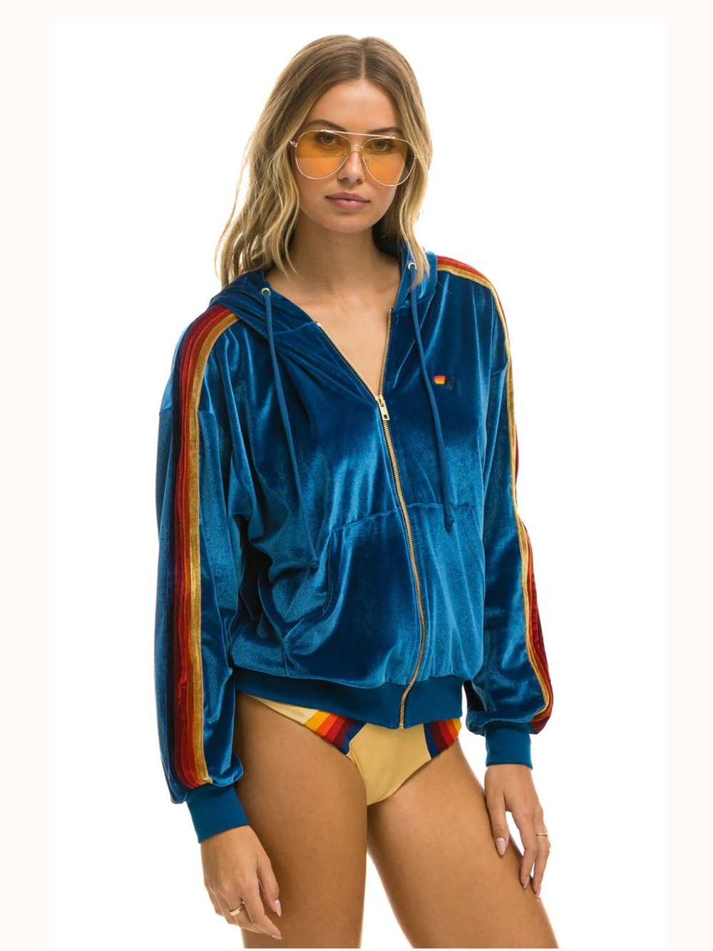 Aviator Nation blue teal velour velvet striped hoodie XS